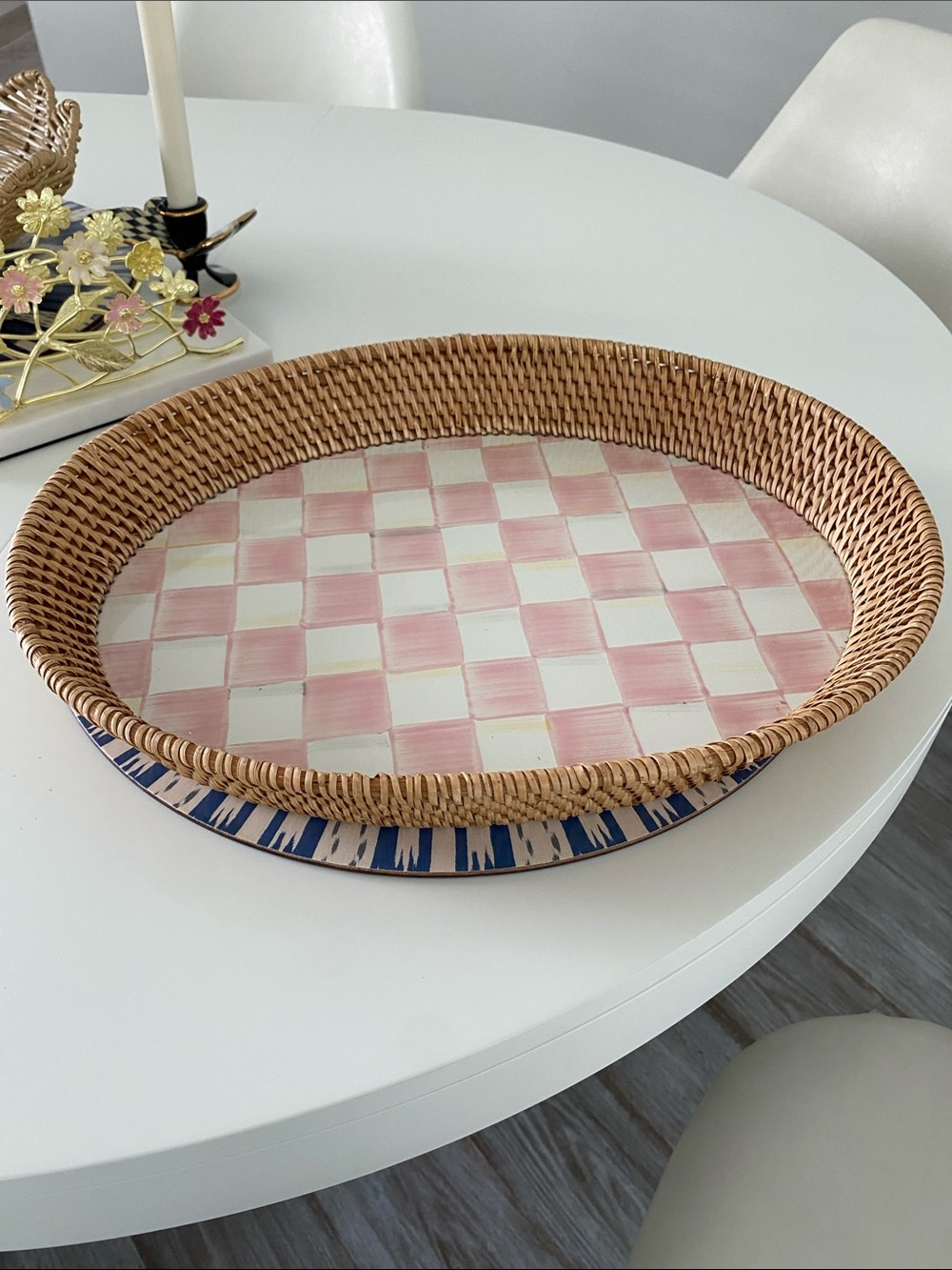 Mackenzie Childs Rosy Check Rattan Enamel Serving Tray Large Oval Pink 🌸🌸🌸🌸🌸